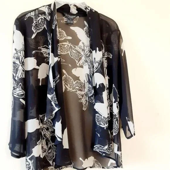Citron Sz S Silk Butterfly Print Open Short Sheer Duster Dressy Office Cruise - Picture 7 of 7